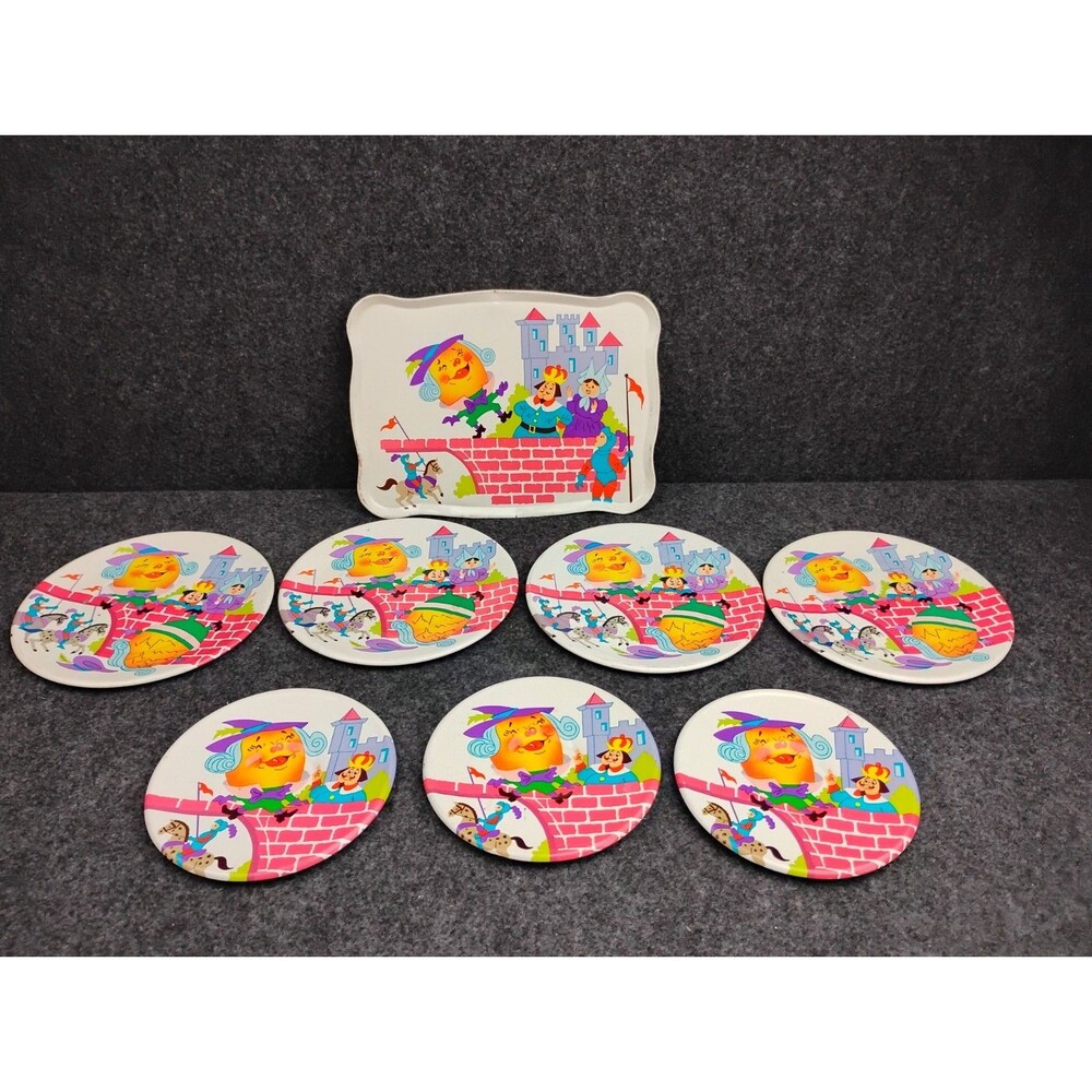 Vintage Humpty Dumpty Tin Toy Plates Ohio Art Litho 8 Piece Lot